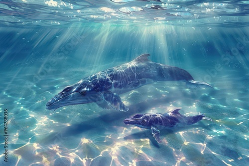 A serene underwater scene showcasing a large whale and its calf swimming gracefully in crystal-clear blue water.