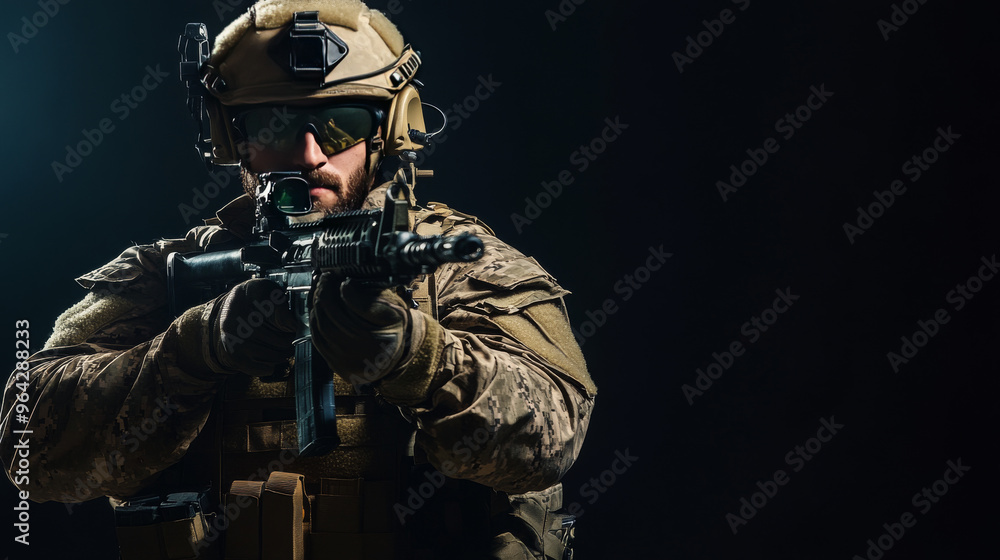 Special forces soldier holding a rifle on a black background. Special forces soldier holding a rifle on a black background.