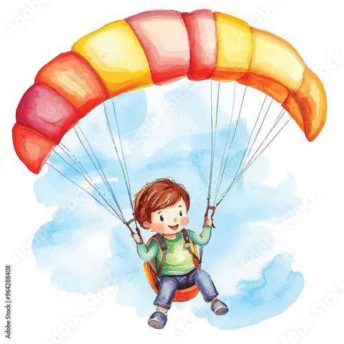 cute kid playing Paragliding watercolor clipart