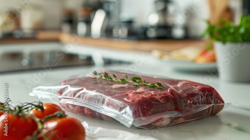 Fresh vacuumsealed meat with cherry tomatoes and herbs in modern kitchen photo