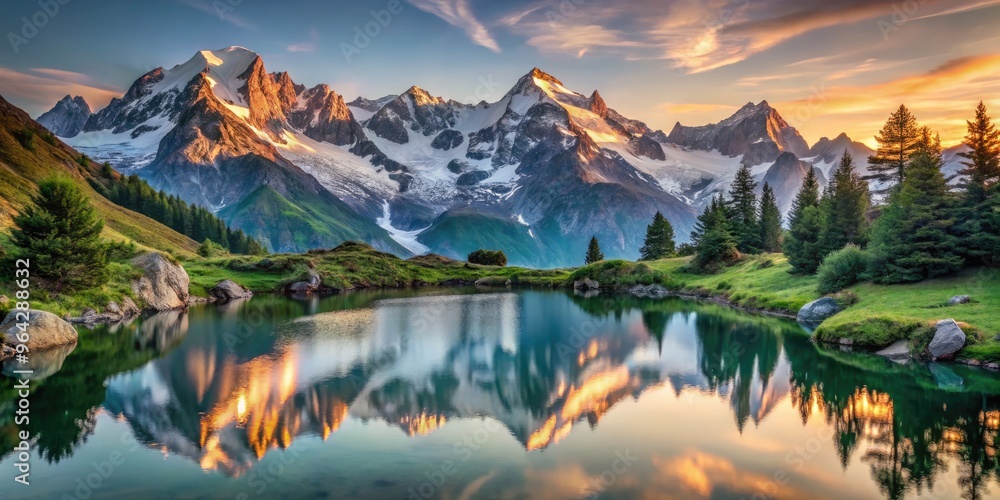 Snow-capped peaks of the majestic mountain range rise above a serene alpine lake, surrounded by lush greenery and valleys, in the French Alps at sunrise. Snow-capped peaks of the majestic mountain range rise above a serene alpine lake, surrounded by lush greenery and valleys, in the French Alps at sunrise.