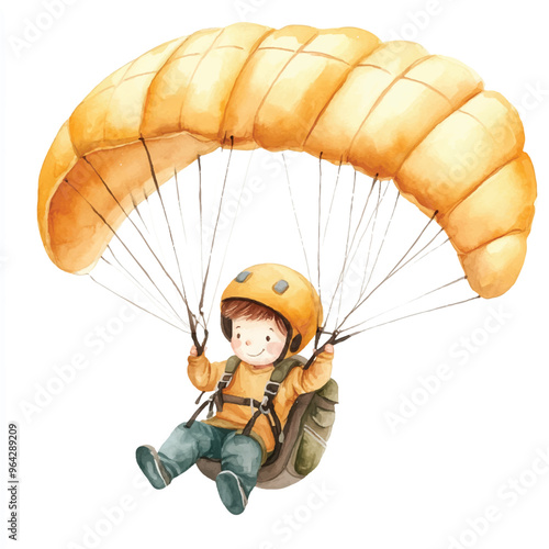 cute kid playing Paragliding watercolor clipart