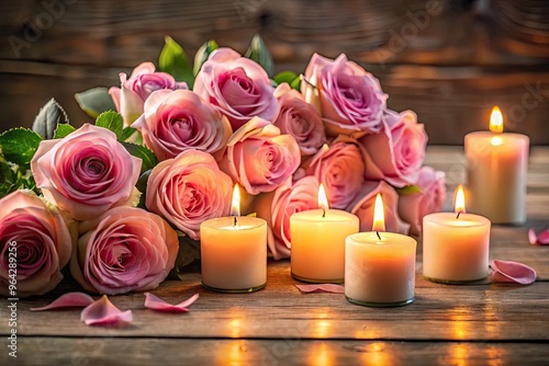 Softly glowing candles surround a delicate bunch of pink roses, casting a warm, romantic ambiance in a serene and tranquil atmospheric setting.