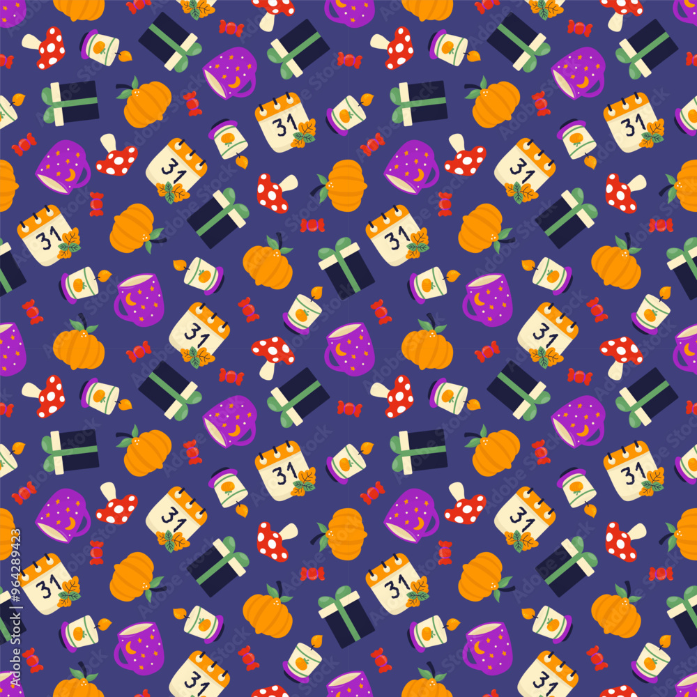 Seamless pattern with pumpkin, gift box, fly agaric, mug, candy, calendar and candle. Halloween theme. Isolated image on blue background. Seamless pattern with pumpkin, gift box, fly agaric, mug, candy, calendar and candle. Halloween theme. Isolated image on blue background.