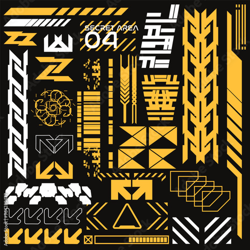 cyberpunk y2k 2000s gaming futuristic icon pattern  set collection template hud for branding fashion t-shirt decoration decals, 2d illustration rendering vector 