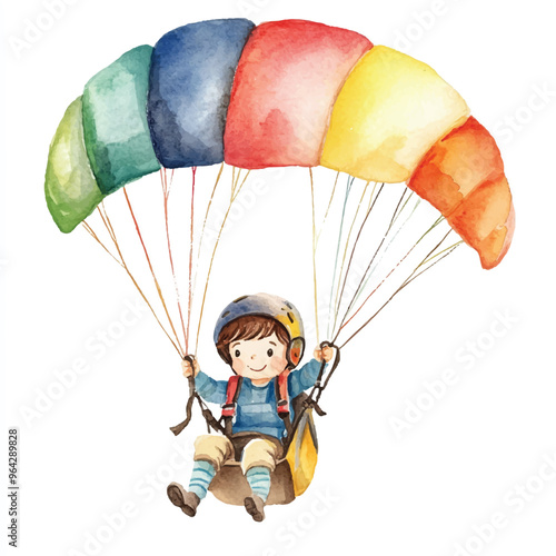 cute kid playing Paragliding watercolor clipart