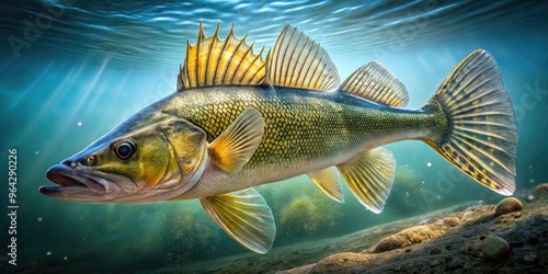 Striking Image Of A Walleye Fish With Intricate Patterns And Sharp Fins, Captured At A Natural Water Body