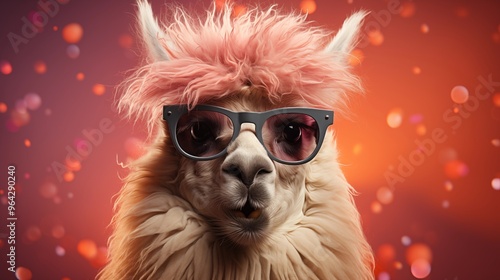 Funny pink llama alpaca in sunglasses and birthday cap with confetti flying all around on pastel pink background. Birthday card concept.