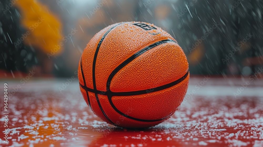 A basketball rests on a wet court during a rainstorm in an outdoor playground surrounded by vibrant autumn trees A basketball rests on a wet court during a rainstorm in an outdoor playground surrounded by vibrant autumn trees