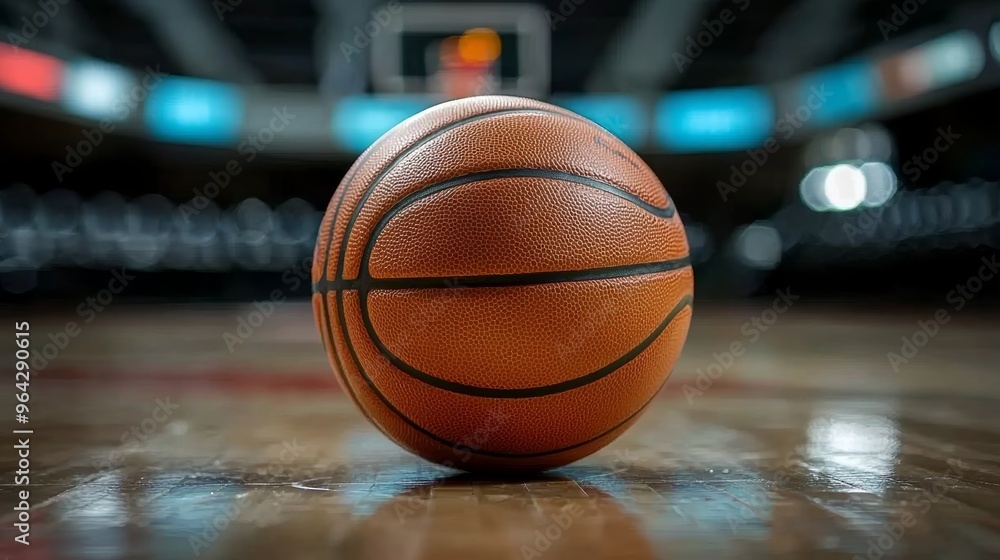 Basketball resting on the court before the game in a modern arena during the evening hours Basketball resting on the court before the game in a modern arena during the evening hours