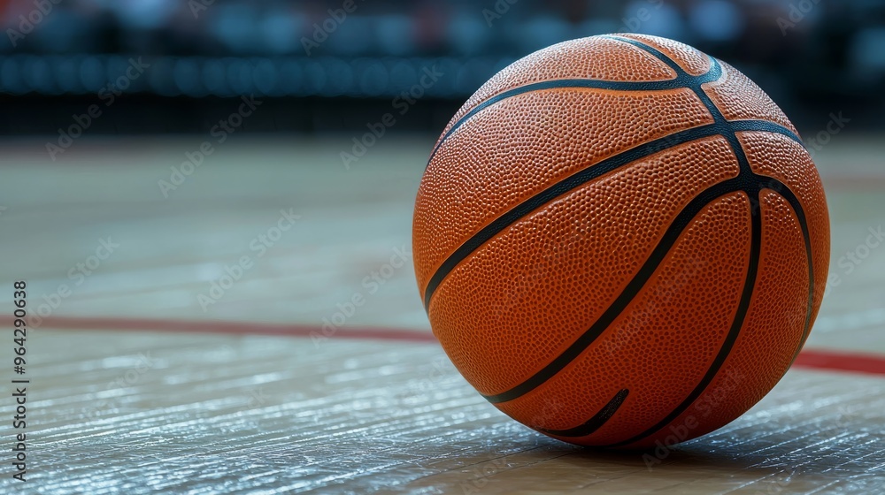 A close-up view of a basketball resting on a wooden court during a competitive game in an indoor sports arena A close-up view of a basketball resting on a wooden court during a competitive game in an indoor sports arena