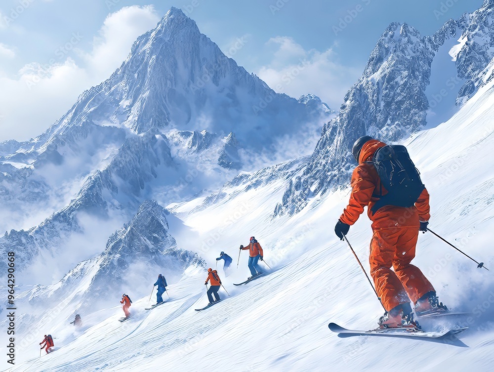 Skiers Descending a Mountain. generative ai illustration. Skiers Descending a Mountain. generative ai illustration.
