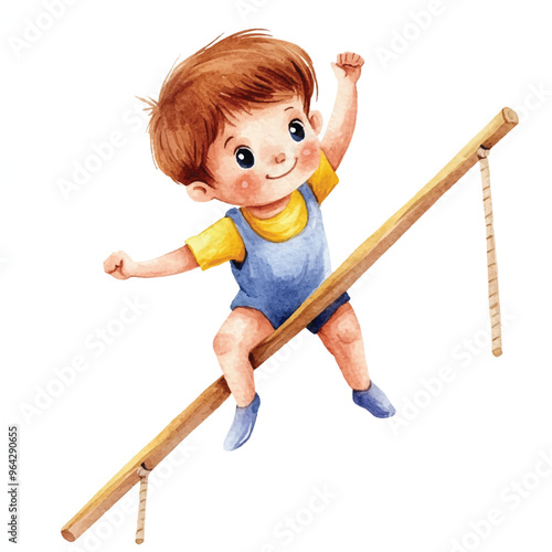 cute kid playing pole vault watercolor clipart