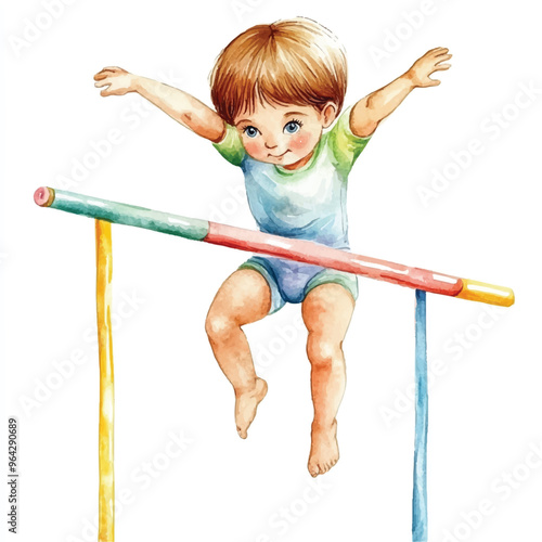 cute kid playing pole vault watercolor clipart