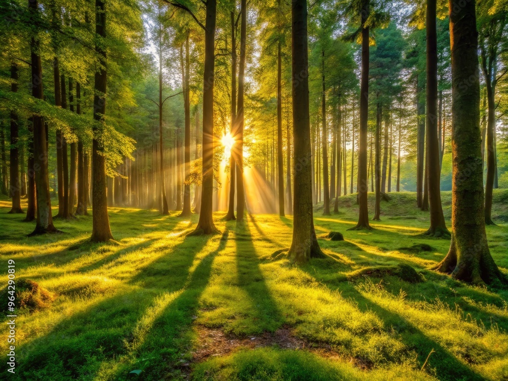 Fototapeta premium Stunningly Serene Forest Scene With Towering Trees Casting Long Shadows Across Lush Green Understory Bathed In Warm Golden Sunlight