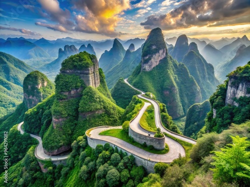 Stunning Panoramic View Of Tianmen Mountain National Park In China, Featuring Towering Peaks, Lush Forests, And A Winding Road Leading To Heaven'S Gate. photo