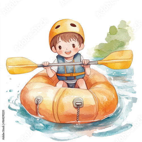 cute kid playing rafting race watercolor clipart