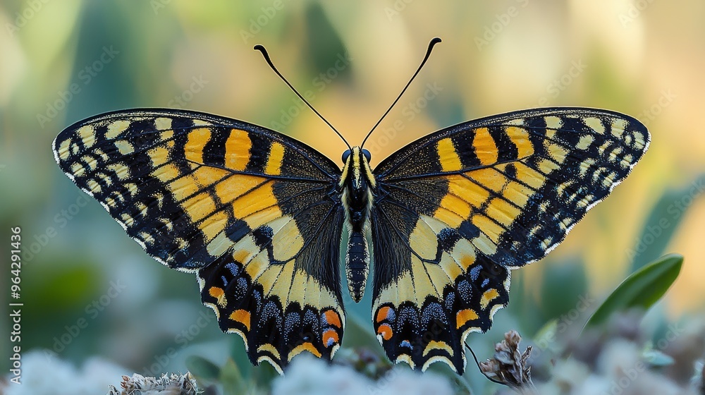 Fototapeta premium A beautiful black and yellow butterfly perched on flowers in a sunny garden during the spring season