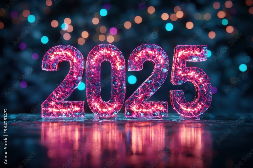 Luminous 2025 New Year's Eve celebration display with colorful bokeh lights Luminous 2025 New Year's Eve celebration display with colorful bokeh lights