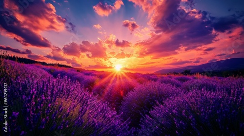 Stunning Lavender Field at Dramatic Sunset