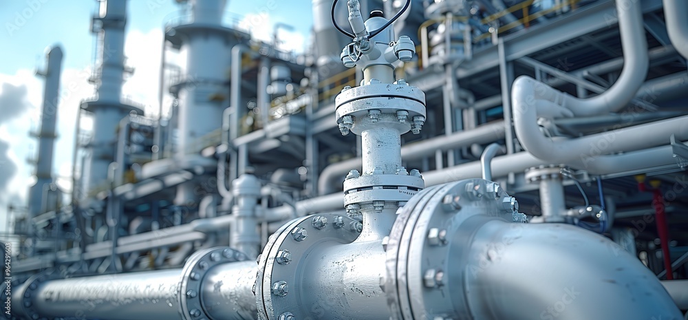 Close up of a large industrial valve with pipes and machinery in the background. Close up of a large industrial valve with pipes and machinery in the background.
