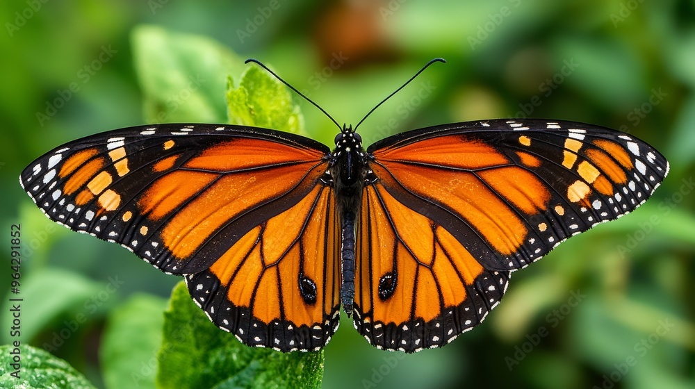 A vibrant monarch butterfly perched on lush greenery during a sunny day in a serene garden environment A vibrant monarch butterfly perched on lush greenery during a sunny day in a serene garden environment