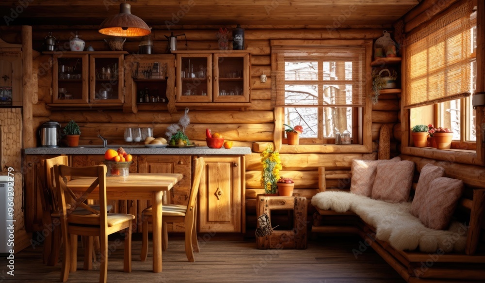 Cozy interior of wooden house, rustic inn for holidays Cozy interior of wooden house, rustic inn for holidays
