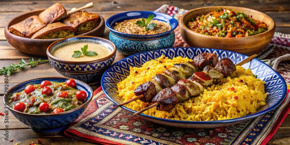 Fototapeta premium tender lamb kebabs, aromatic plov with saffron-infused rice, and fragrant lavash bread, beautifully arranged on a traditional ornate ceramic tablecloth.