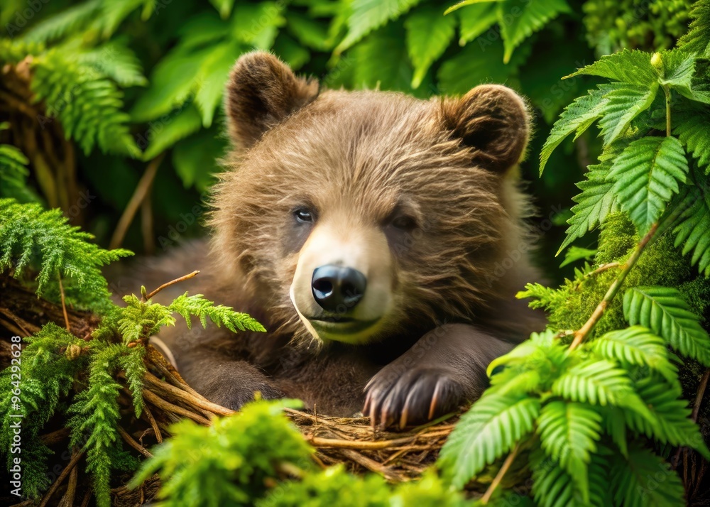 Obraz premium Tiny Brown Bear Cub Snuggles Within A Den Of Soft, Green Foliage, Eyes Closed In Contentment.