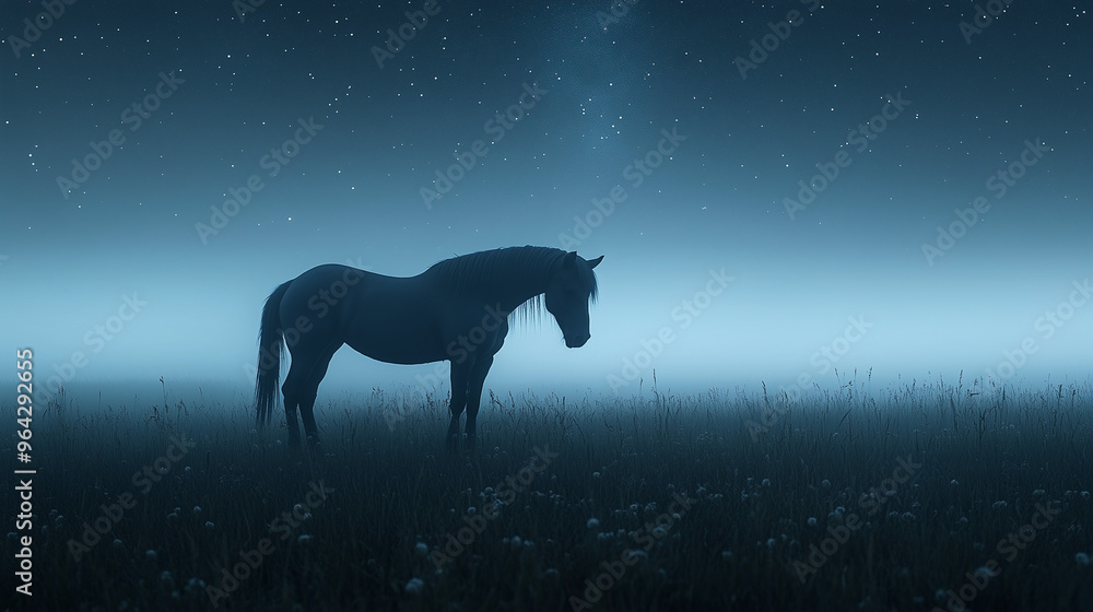 Horse in a Foggy Field at Night. A horse standing alone in a foggy field at night, silhouetted against a misty blue sky and stars. Horse in a Foggy Field at Night. A horse standing alone in a foggy field at night, silhouetted against a misty blue sky and stars.