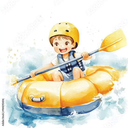 cute kid playing rafting race watercolor clipart