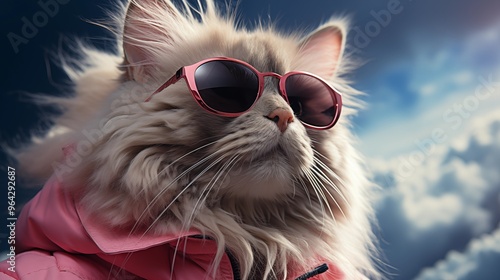 futuristic cat in sunglasses and trendy outfit looking away surrounded by pink clouds against blue sky