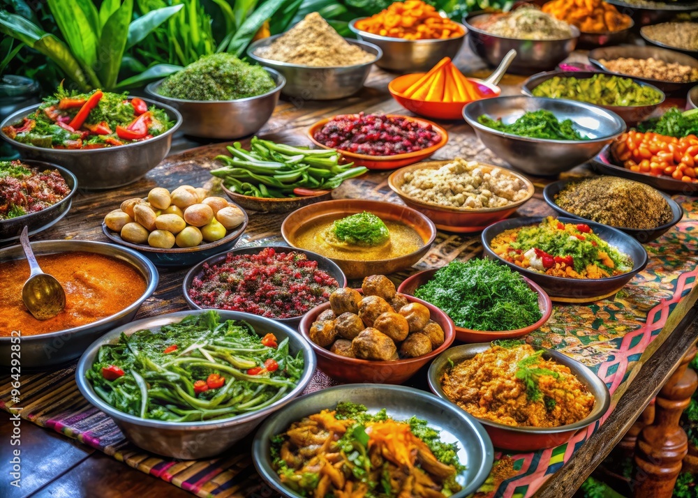 Traditional Cambodian Cuisine Displayed On A Communal Table In A Bustling Local Market, Showcasing Vibrant Colors And Aromatic Spices. Traditional Cambodian Cuisine Displayed On A Communal Table In A Bustling Local Market, Showcasing Vibrant Colors And Aromatic Spices.