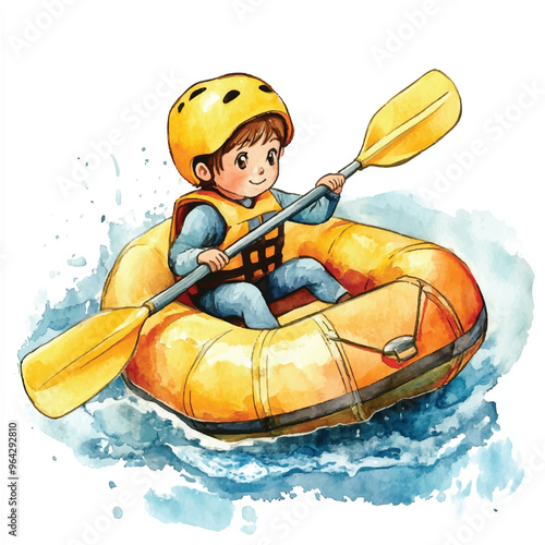 cute kid playing rafting race watercolor clipart