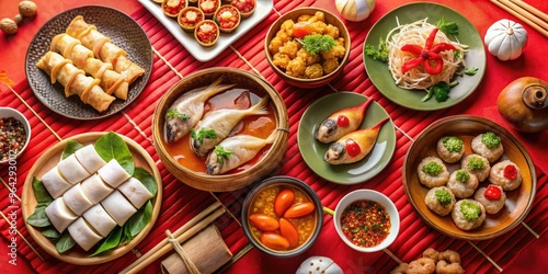 Traditional Chinese New Year Feast Featuring Steamed Fish, Dumplings, Spring Rolls, And Sweet Delicacies Arranged On A Festive Red Tablecloth photo