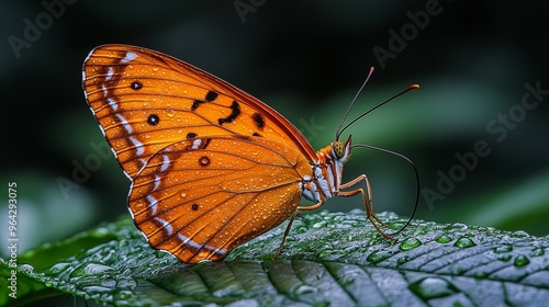 A vibrant orange butterfly resting on a green leaf with raindrops, showcasing nature's beauty in a calm environment photo