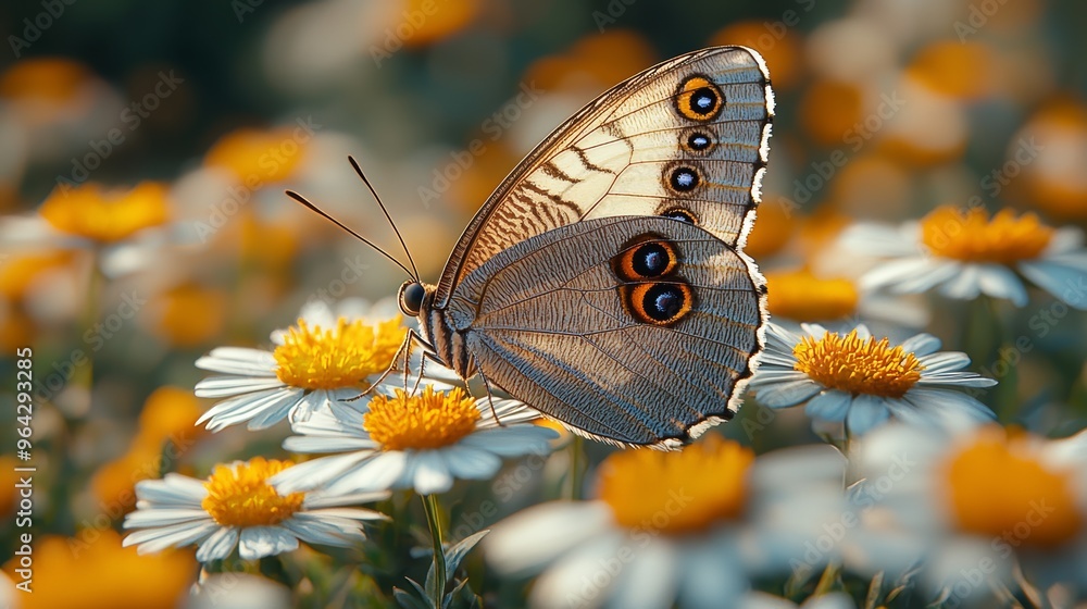 Obraz premium A butterfly resting on vibrant flowers in a sunlit garden during springtime