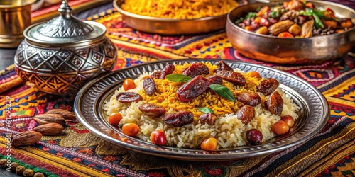 Traditional Omani dishes, including machboos rice, luqaimat dates, and shuwa meat, are arranged on a intricately patterned silver platter, surrounded by vibrant Arabian textiles. photo