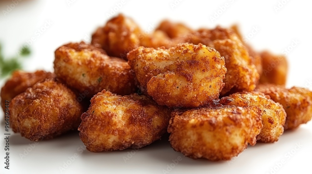Close-up of a pile of crispy golden brown potato bites on a white background. Close-up of a pile of crispy golden brown potato bites on a white background.