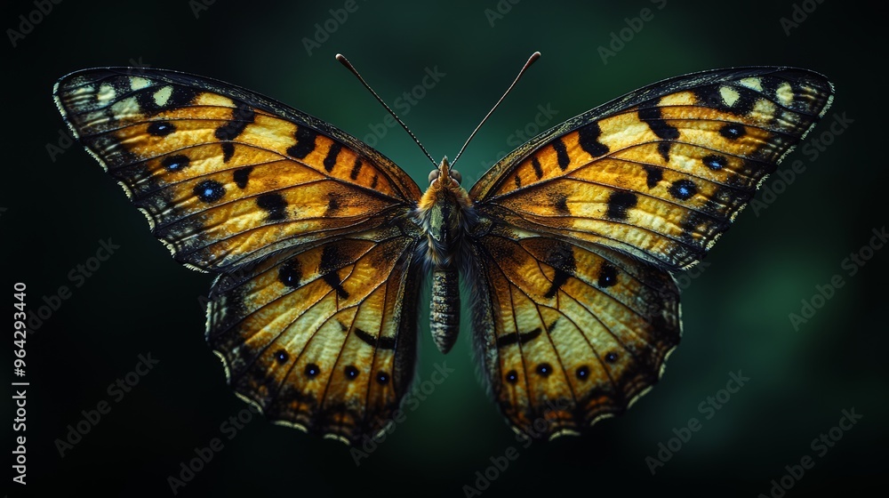 Obraz premium A close-up of a vibrant butterfly displaying its intricate patterns in a lush garden during the afternoon sunlight
