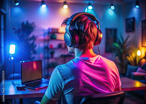 Tranquil, Atmospheric Music Streaming From Headphones While Gaming In A Dimly Lit Room With Neon Accents photo