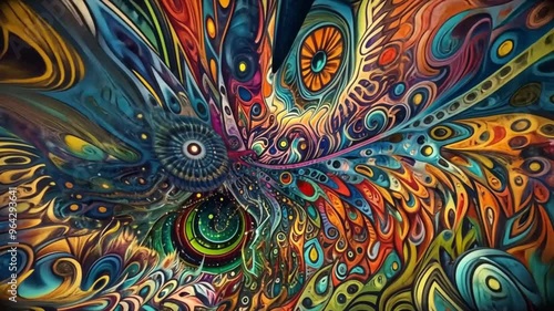 Embarking on a psychedelic trip through a dreamy fantasy world, the mystical colours swirl in surreal fractal patterns, creating a unique and spiritual experience beyond imagination. photo