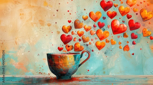 A whimsical cup releasing vibrant hearts, symbolizing love and creativity against a colorful, dreamlike background. photo