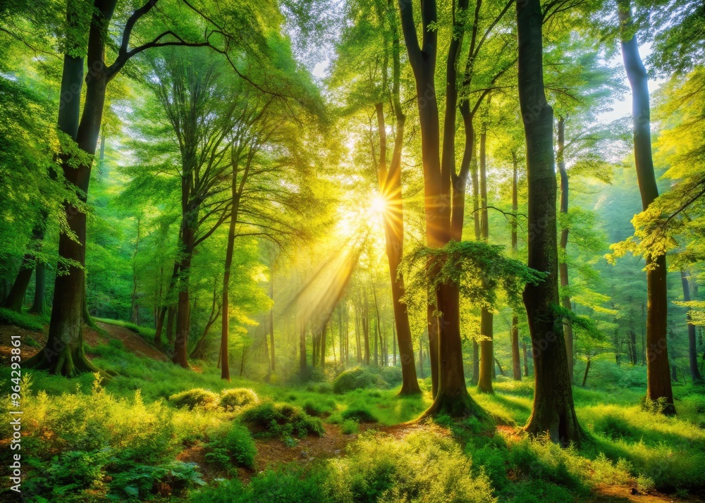 Tranquil Forest Scene With Lush, Vibrant Foliage And Filtered Sunlight Creating A Serene Atmosphere Of Peace And Tranquility. Tranquil Forest Scene With Lush, Vibrant Foliage And Filtered Sunlight Creating A Serene Atmosphere Of Peace And Tranquility.