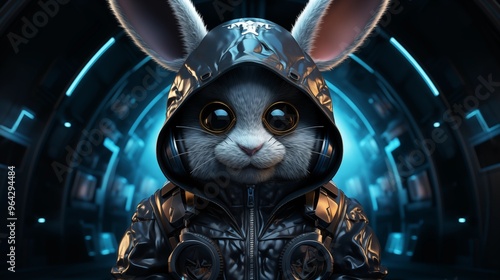 futuristic illustration of rabbit character with earphones in neon blue color looking at camera and listening to favorite against black background