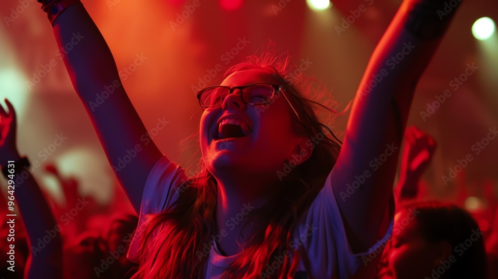 A woman wearing glasses and a white shirt is laughing and raising her arms at a concert. A woman wearing glasses and a white shirt is laughing and raising her arms at a concert.