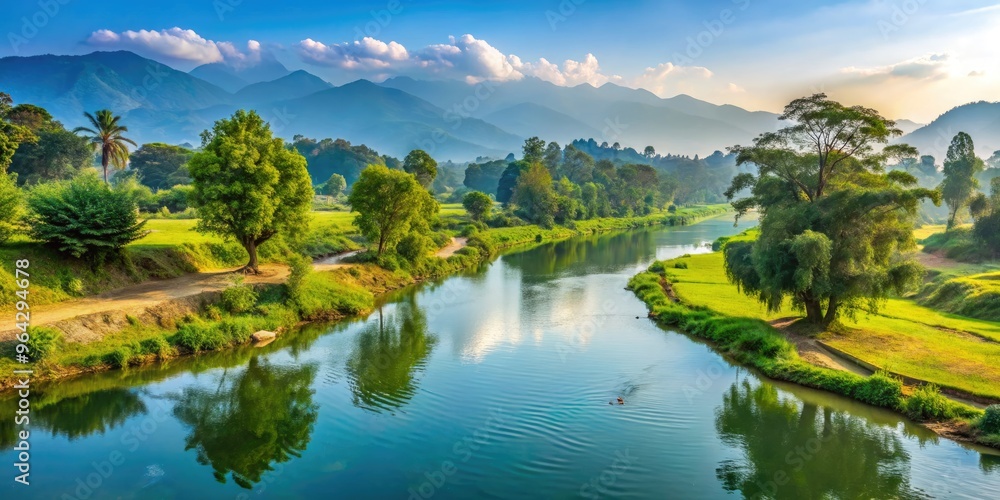 Fototapeta premium Tranquil View Of The Sacred Bagmati River, Its Calm Waters Flowing Through A Lush Landscape Of Trees And Green Fields