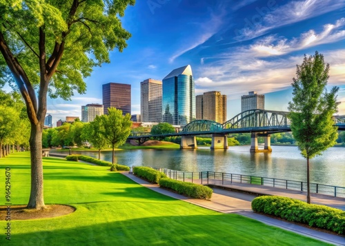 Tranquil Waterfront Park Along The Riverfront, Featuring A Lush Green Lawn, Towering Trees, And A Pedestrian Bridge Offering Scenic Views Of The Cityscape Skyline.