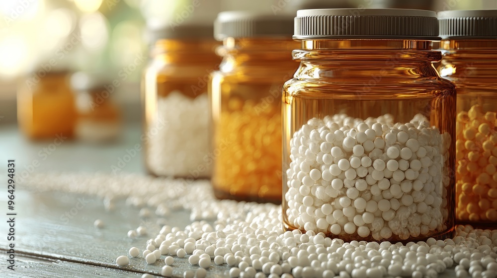 Glass jars filled with white and yellow homeopathic pellets on a rustic wooden table in a bright, natural light environment Glass jars filled with white and yellow homeopathic pellets on a rustic wooden table in a bright, natural light environment
