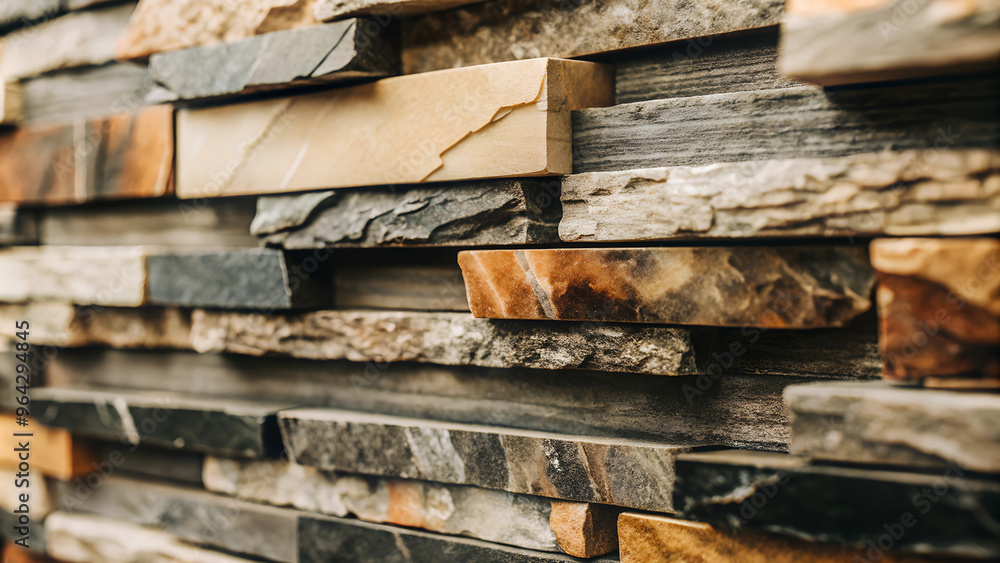 Textured stone wall with layered stones in various colors, modern interior design, copy space
Textured stone wall with layered stones in various colors, modern interior design, copy space